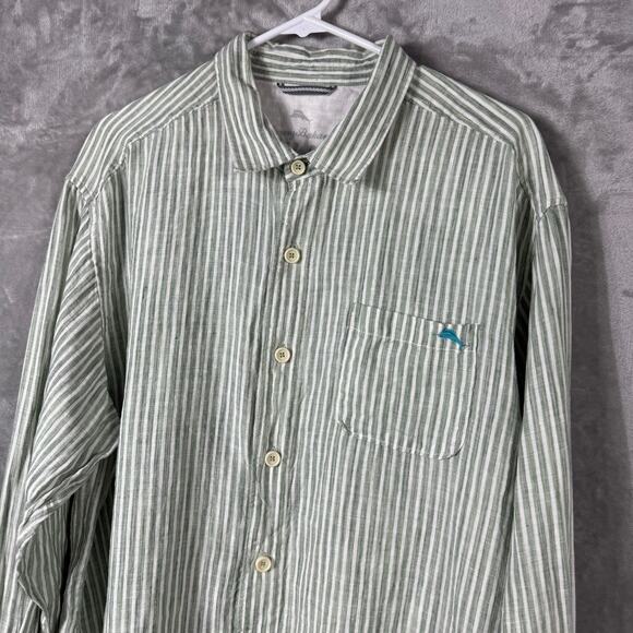 Tommy‎ Bahama Relax Button Shirt Mens XL Linen Striped Green - Picture 2 of 13